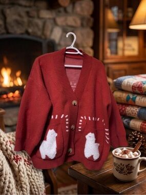 Women’s Red Llama Pocket Cardigan Sweater